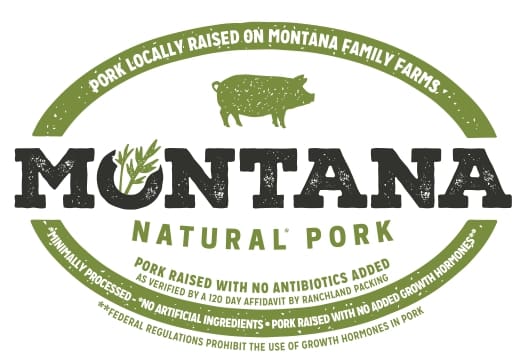Montana Natural Pork label: pork locally raised on Montana family farms, no antibiotics added